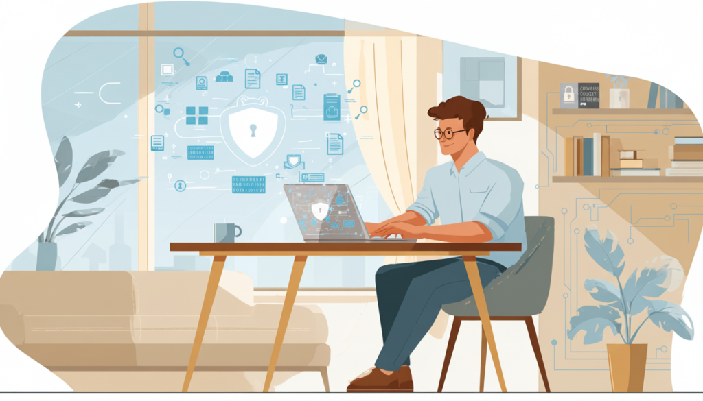 Small business owner working securely on a laptop, representing cybersecurity tools and password management for small businesses